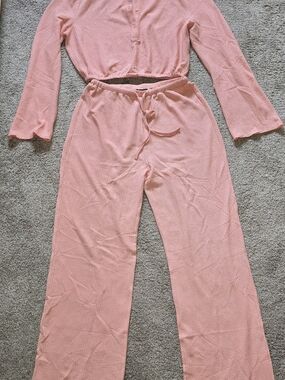 KITTENISH PeachWaffle-Knit Lounge Pants and Top Set